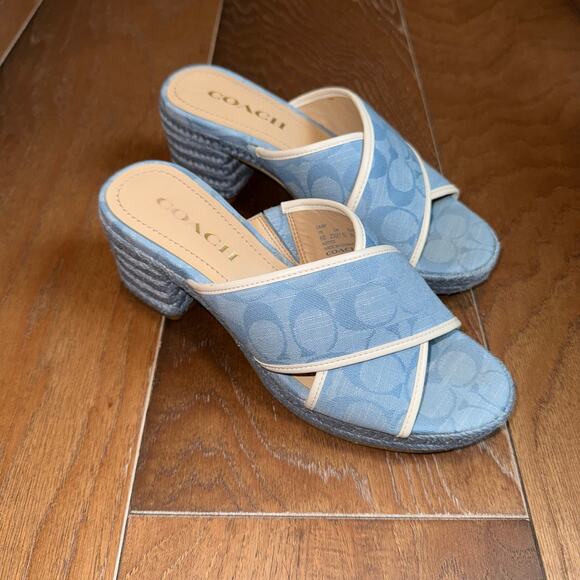 Coach Sloan Signature Espadrille Block Heel Sandals Blue Chambray Size 6 - Picture 1 of 7